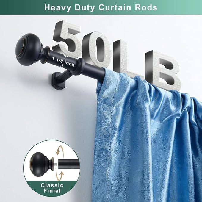 Heavy Duty Curtain Rods, 1 1/8" Diameter Curtain Rod for Window 36-72 Inch(3-6ft), Single Drapery Rods with Classic Finials and Adjustable Aluminum Alloy Brackets, Matte Black