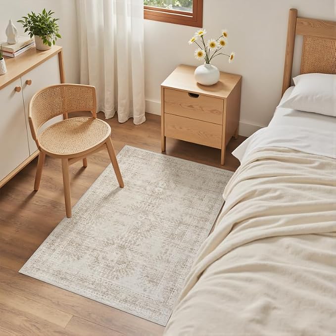 Machine Washable Area Rugs 2x3: Vintage Boho Neutral Washable Rug Indoor Soft Small Entryway Throw Carpet for Living Room Bedroom Kitchen Laundry Floor Non-Slip Low Pile Entrance Rug Brown