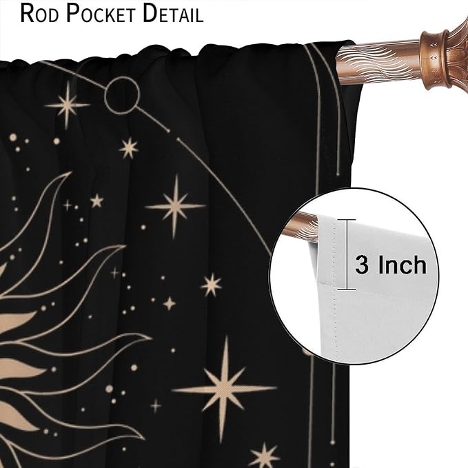 Golden Sun Moon Blackout Curtains, Abstract Modern Boho Sun Moon Star Window Drapes, for Bedroom Living Room 55" W X 63" L