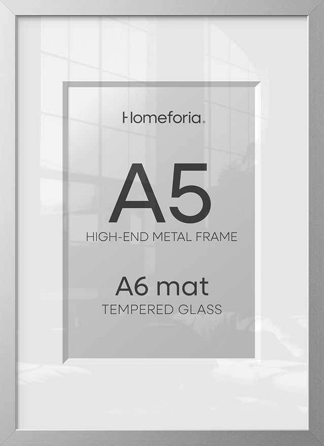 Homeforia A5 Picture Frame Silver, High End Metal 5.8 x 8.3 Frame Matted to 4.1 x 5.8 Art, A5 Frame with Mat A6, 5.8x8.3 Poster Frames, 8.3x5.8 Size Display Frames, Tempered Glass, Wall Kit, Set of 2