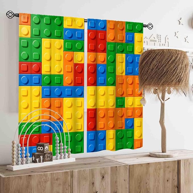 Building Blocks Curtains for Boys Room, Abstract Colorful Plastic Building Brick Blocks Geometric Printed Pattern Window Treatment Drapes for Kids Baby Bedroom Living Room, 52"x84" Inch
