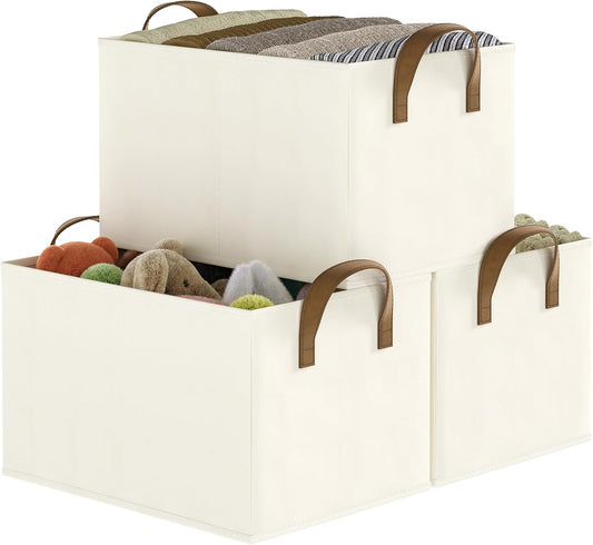 Closet Storage Bins, Fabric Closet Organizers and Storage Basket for Shelves, Collapsible Shelf Baskets for Organizing Shelves, Bedroom Clothes Basket, Beige, 3 Pack