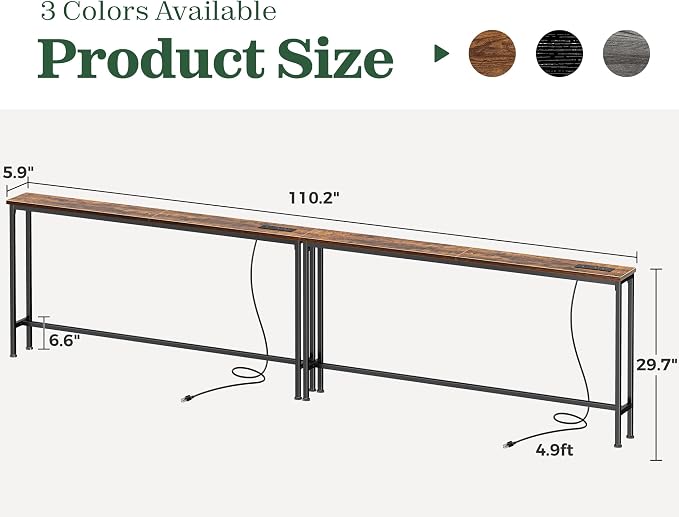 SUPERJARE 110.2 Inch Sofa Table with Power Outlets and USB-C Ports, 5.9 Inch Narrow Console Tables, Entryway Hallway Couch Tables with Storage, Behind Sofa, Living Room, Rustic Brown, AST046Z