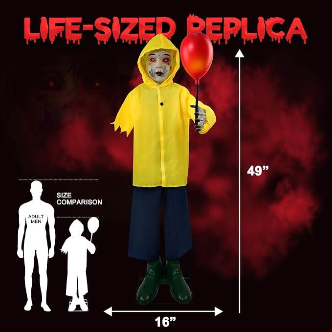 Halloween Decorations Outdoor - 4 Ft Life Size Halloween Animatronics Prop with Sound & Touch Activated Sensor and Light Up Balloon - Spooky Scary Decor for Home Indoor Garden Lawn Yard Grave Party