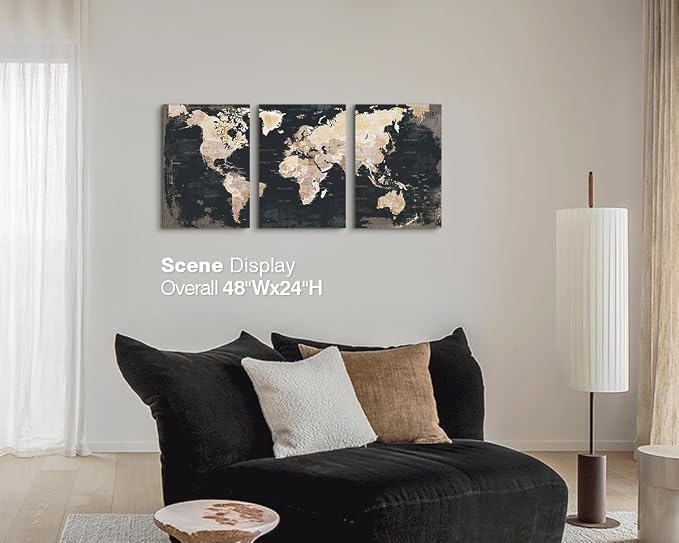 Office Wall Art for Living Room Bedroom Framed Black Vintage World Map | Large Pictures Wall Decor for Mens Male Home Apartment Masculine Decoration Motivational Artwork