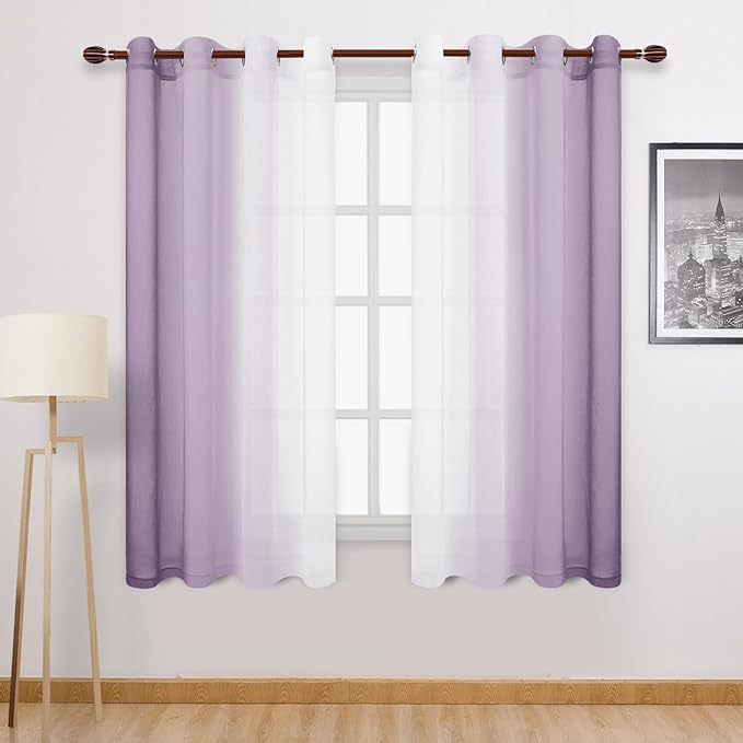 DWCN Faux Linen Ombre Sheer Curtains - Short Gradient Semi Voile for Kitchen and Living Room, Set of 2 Grommet Top Window Panels, W52 x L54 Inches, Lavender