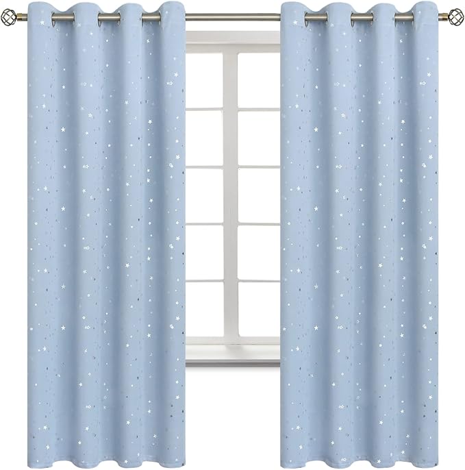BGment Star Room Darkening Curtains for Kids Bedroom - Grommet Thermal Insulated Silver Star Print Kids Curtains for Living Room, Set of 2 Panels, Baby Blue, 52 x 72 Inch