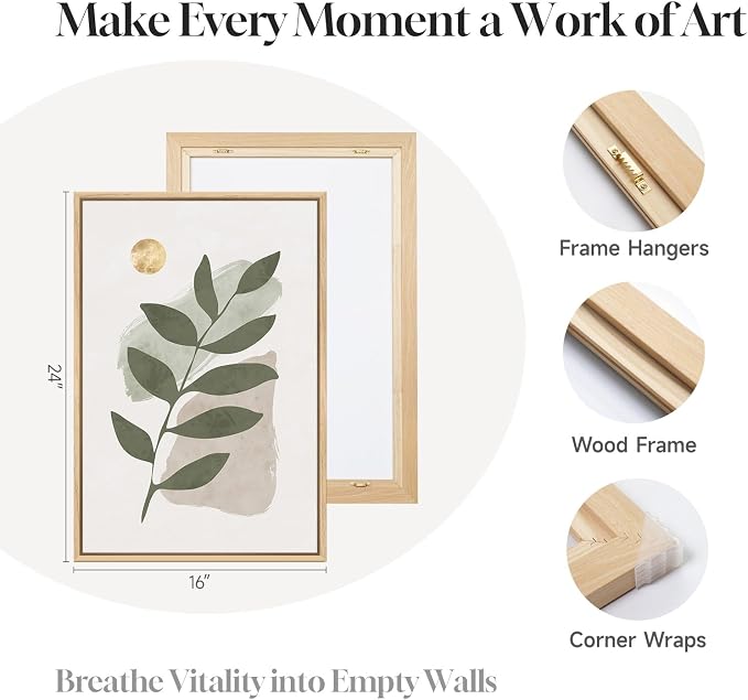 Large Framed Boho Sage Green Abstract Wall Art for Living Room, 3 Piece Leaf Botanical Canvas Artworks Decor, Minimalist Geometric Beige Gold Painting Prints for Dining Room Bedroom Office 16x24 Inch
