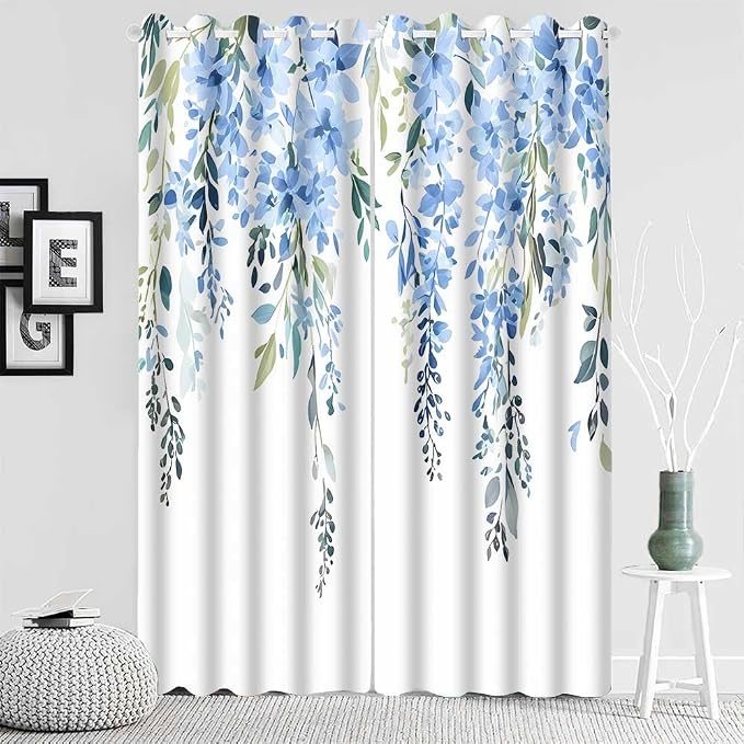 Blue Watercolor Floral Curtains, 42x84 inch, 2 Panels | Botanical Leaves Vine Flowers, Rustic Farmhouse, Blackout Window Treatment, For Bedroom Living Room