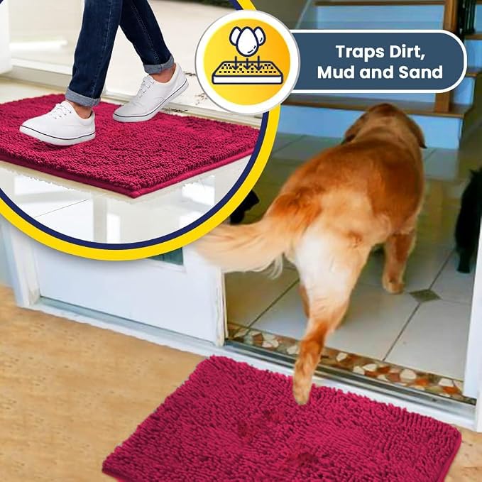 Muddy Mat® | Super Water Absorbent Door Mat Indoor, Microfiber Quick Dry Chenille Entryway Rug, Slip Resistant Front Door Mat, Indoor Mats for Entryway, Machine Washable Pet Rug, Hot Pink 30" x 48"