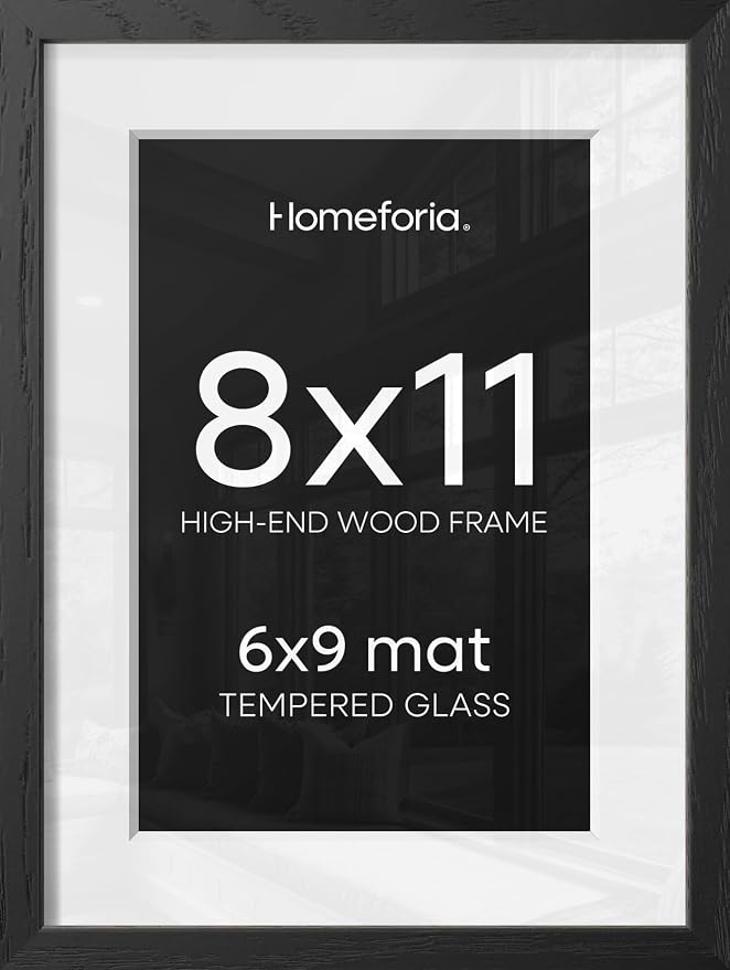 Homeforia 8x11 Black Picture Frame, High End Oak 8 x 11 Wood Frames with Mat 6 by 9 Print, 8by11 Wooden Frame Matted to 6x9 inch Photo, 11x8 Wall or Tabletop Frames, Tempered Glass, Wall Kit, Set of 1
