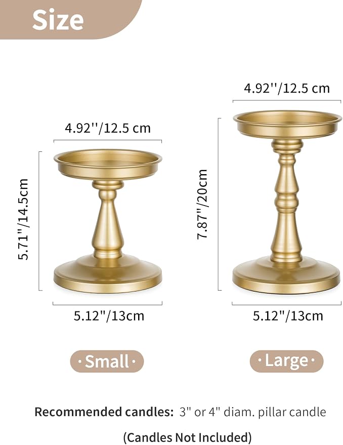 NUPTIO Large Gold Pillar Candle Holders, Set of 2 | Wide Metal Pedestals Fit up to 4-In Dia Pillars and Jars, Vintage Ornate Stands, for Dining Table Centerpieces, Mantel Decor
