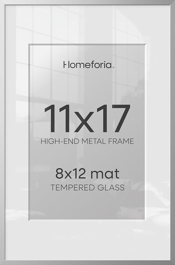 Homeforia 11 x 17 Frame Silver, High End Metal 11x17 Picture Frames with Mat 8x12 for Photo, 11 x 17 Silver Poster Frame Matted to 8 x 12 Print, 17x11 Hanging Frame, Tempered Glass, Wall Kit, Set of 2