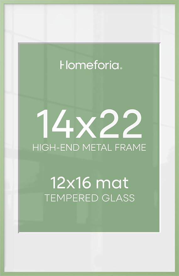 Homeforia 14x22 Picture Frame Sage Green, High End Metal 14x22 Poster Frames with Mat 12x16 inch Photo, 14 x 22 Sage Green Frame Matted to 12 by 16 Art, 22x14 Frame, Tempered Glass, Wall Kit, Set of 1