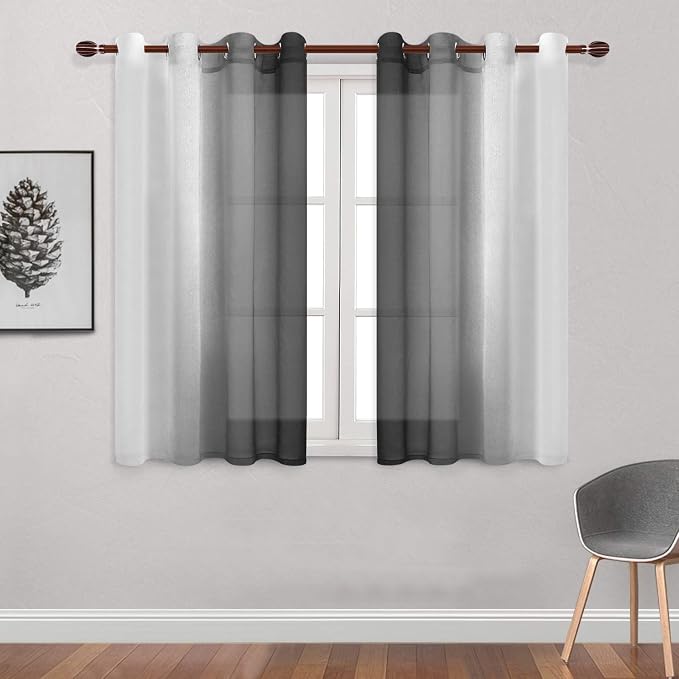 DWCN Black Ombre Short Sheer Curtains - Faux Linen Semi Voile Gradient Light-Filtering Bedroom and Living Room Curtains, Set of 2 Grommet Top Window Drape Panels, 52 x 45 Inch Length