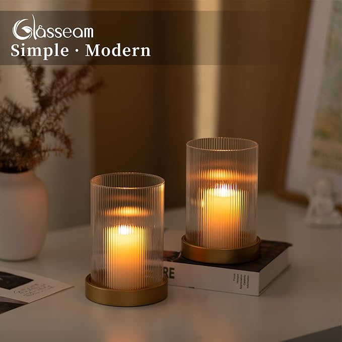 Glasseam Hurricane Glass Candle Holder: Gold Pillar Candle Holders Set of 2 Ribbed Glass Cylinder Covers with Metal Candle Tray Modern Candle Holders for Table Centerpiece Living Room Decorations
