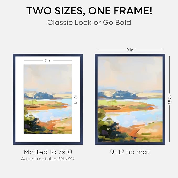 Homeforia 9x12 Navy Blue Frame, High End Metal 9 x 12 Picture Frames with Mat 7 by 10 inch Photo, 9by12 Poster Frame Matted to 7x10 Art, 12x9 Wall or Tabletop Frame, Tempered Glass, Wall Kit, Set of 2