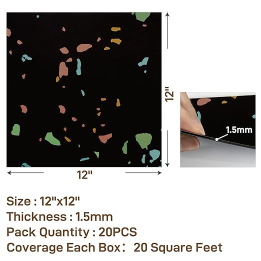 VaryPaper 20 Pack 12"x12" Colorful Black Terrazzo Floor Tiles Peel and Stick Waterproof Self Adhesive Vinyl Tile Flooring Sticky Tiles for Floor Bathroom Removable Temporary Flooring for Renters