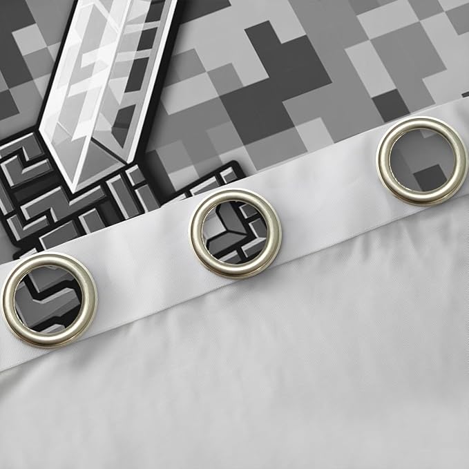 Castle Fairy Grey Pixel Style Window Curtain,Geometric Miner Grid Privacy Blackout Curtain for Window Cool Sword Shade Windows Covering for Bedroom Video Games Drapes 2 Panels,38Wx54L