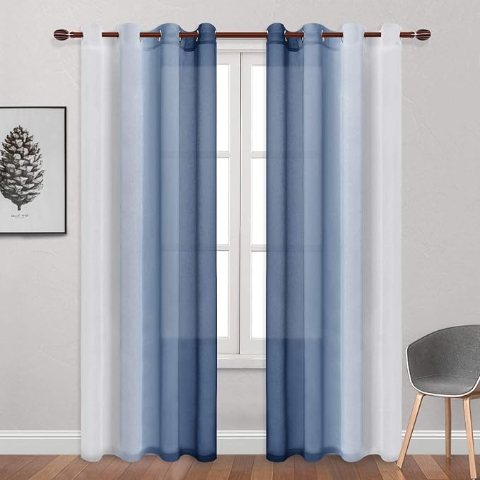 DWCN Blue Faux Linen Ombre Sheer Curtains - Gradient Semi Voile Curtains for Bedroom and Living Room, Set of 2 Grommet Top Window Curtain Panels, 52 x 90 Inches Long, Denim Blue