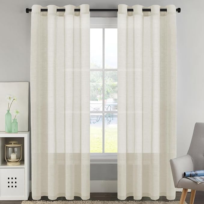 H.VERSAILTEX Linen Curtains Flax Linen Blended Curtain Panels for Living Room/Bedroom Semi Sheer Privacy Curtains 120 inch Length 2 Panels Set Nickel Grommet Window Drapes, Ivory