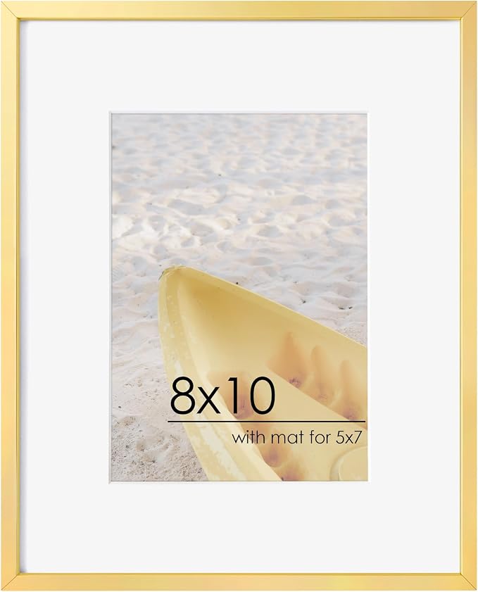 FLYJOE 8x10 Picture Frame - Metal Frame With Mat 5x7 | 8 x 10 Aluminum Photo Frame | Plexiglass And Hanging Hardware Included | Black 8x10 Picture Frame | Gold