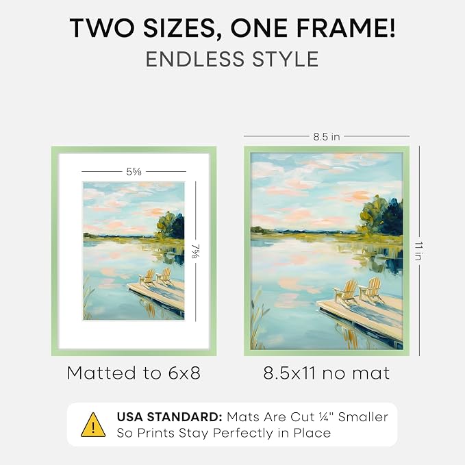Homeforia 8.5x11 Sage Green Frame, High End Metal 8.5 x 11 Picture Frames with Mat 6 by 8 inch Photo, 11x8.5 Poster Frame Matted to 6x8 Art, Wall or Tabletop Frames, Tempered Glass, Wall Kit, Set of 1