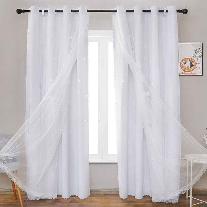 UNISTAR 2 Panels Stars Blackout for Bedroom Living Room Girls Kids Baby Room, Double Layer Star Cut Out Window Curtain, W52 x L63 Inch Length, Greyish White