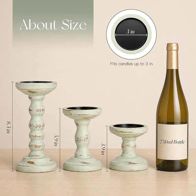 Candeldo Wooden Candle Holders Pillar: Sage Green Candlestick Holders Table Centerpiece Vintage Rustic Farmhouse Shabby Chic Decor for Fireplace Mantle