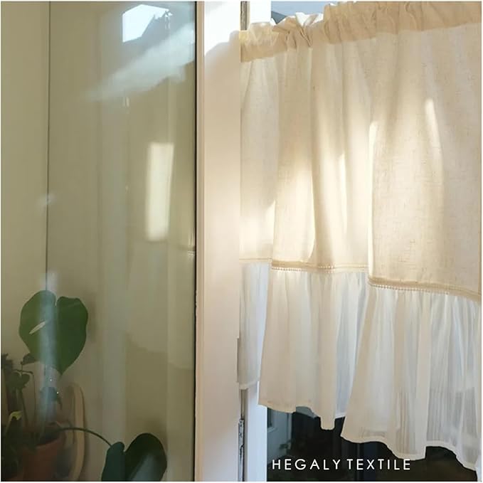 Modern Farmhouse Cotton Linen Curtain Country Ruffle Cafe Semi-Transparent Small Tier Decor(W60xH90cm)