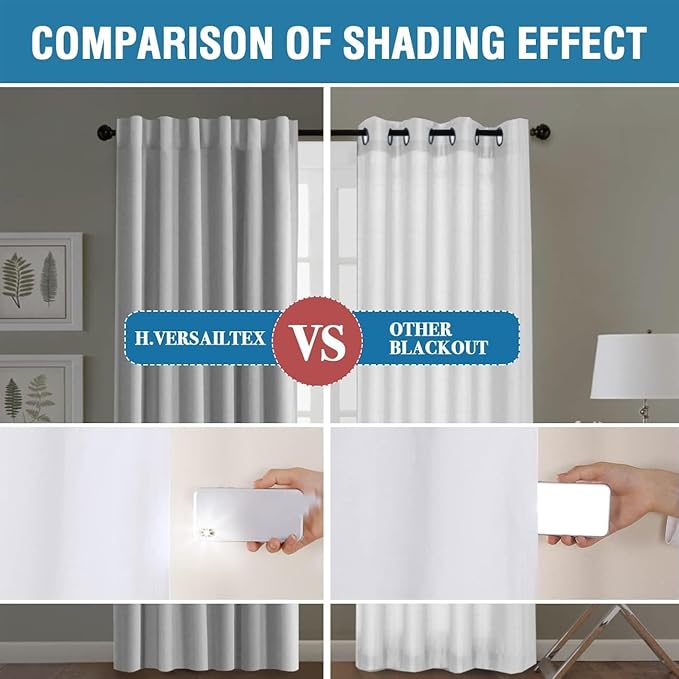 H.VERSAILTEX 100% Blackout Curtains for Bedroom with Black Liner Full Room Darkening Curtain 45 Inch Long Thermal Insulated Back Tab/Rod Pocket Window Drapes for Living Room, 2 Panels, Greyish White