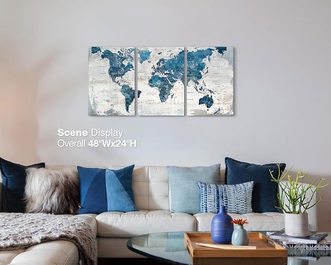 Wall Art for Living Room Office Pictures Wall Decor Framed World Map Canvas | Modern Blue Artwork 3 Piece Motivational Travel Painting for Boys Women Bedroom Conference Room