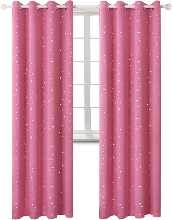 BGment Kids Blackout Curtains for Bedroom - Grommet Thermal Insulated Silver Star Print Room Darkening Curtains for Living Room, Set of 2 Panels (46 x 90 Inch, Pink)