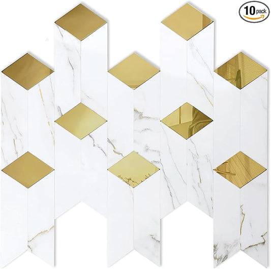 10-Sheets Polished Mirror Peel and Stick Backsplash Tiles, White Marble Heat Resistant Stick on Wall Tiles for Kitchen, Bathroom, Laundry Room, Camper, Fireplace