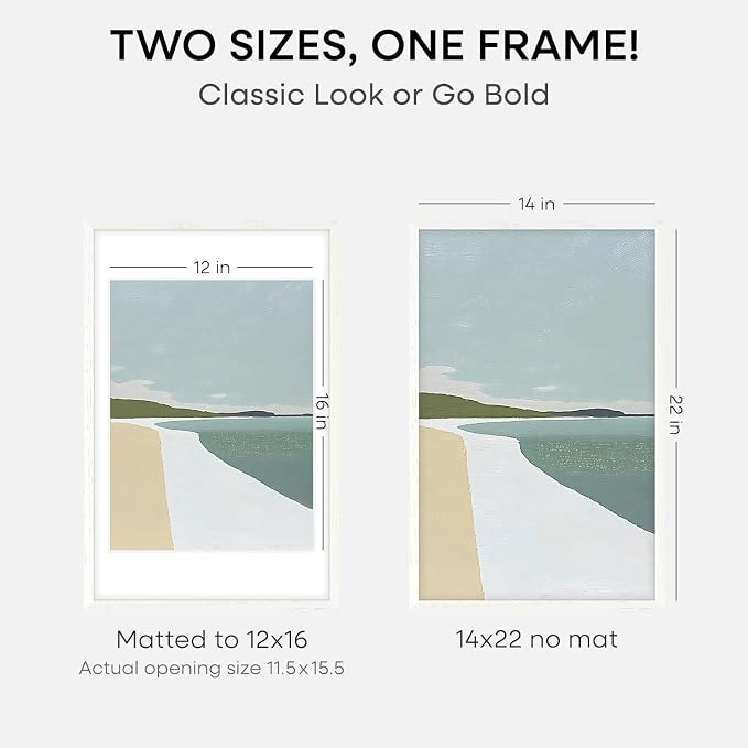 Homeforia 14x22 Picture Frame White, High End Oak 14x22 White Wood Frame with Mat 12x16 Photo, 14 x 22 Wooden Poster Frames Matted to 12 by 16, 22x14 Hanging Frames, Tempered Glass, Wall Kit, Set of 2