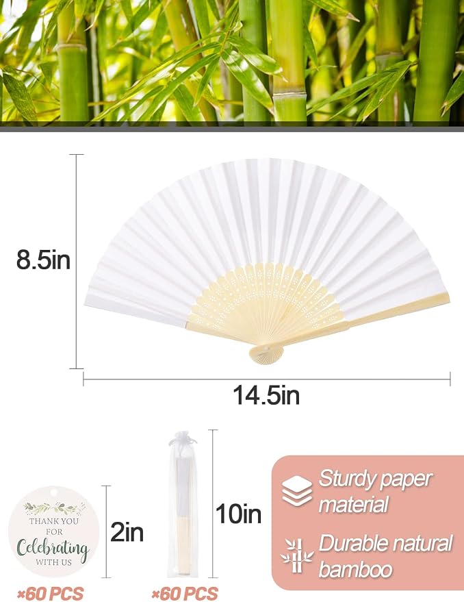 Cosweet 60 Set Wedding Hand Fans with Thank You Tags & Organza Bags, White Paper Fans Bulk Bamboo Decorative Folding Fans for Wedding Guests Party Favors Bridal Shower Church Decoration