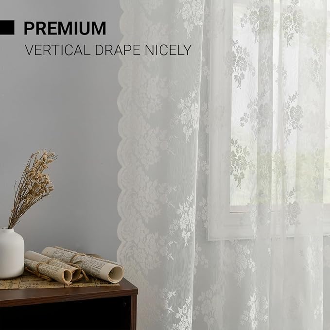 Kotile Ivory Lace Curtains 84 Inches Long 2 Panels, W52 x L84 Inch, Rusitc Floral Pattern Vintage Lace Sheer Curtains for Living Room, Rod Pocket Light Filtering Privacy Vintage Sheer Window Curtain