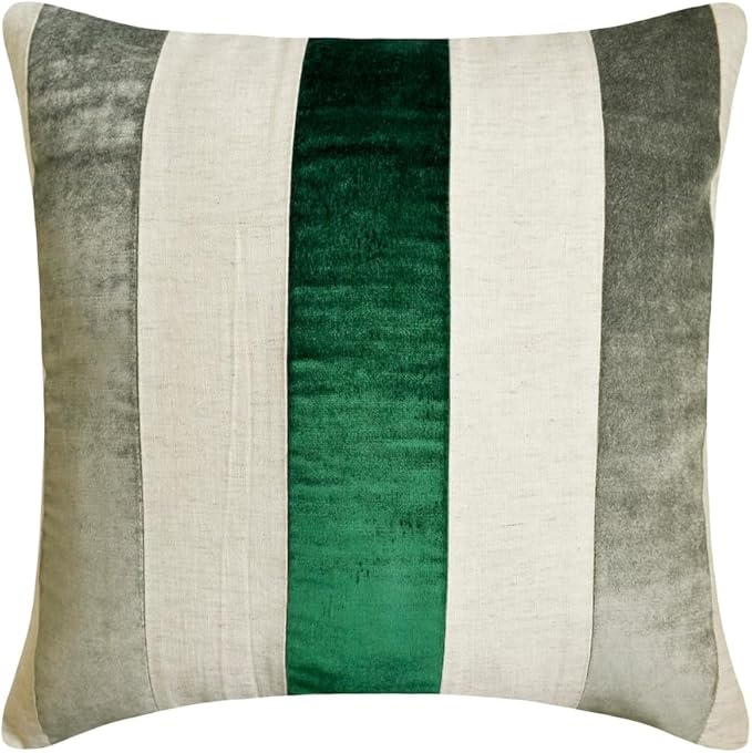 The HomeCentric Striped Decorative Throw Pillow Covers 24" x 24" | Modern Velvet Cushion Cover | Patchwork Emerald Green Pillowcases for Couch, Sofa, Bed, or Living Room - Velvet Band Emerald