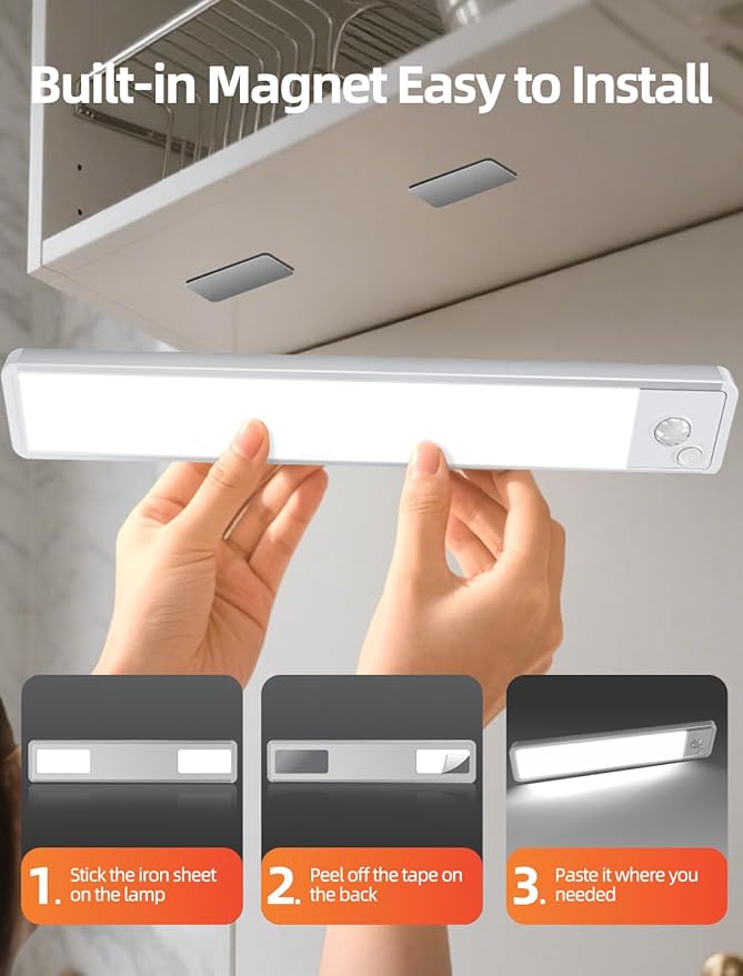 Under Cabinet Lighting: 10 Inch 3-Color Dimmable Rechargeable Motion Sensor Lights Indoor - Battery Operated Lights - Closet Light Magnetic Led Light for Kitchen Home Bathroom Counter 5 Pack