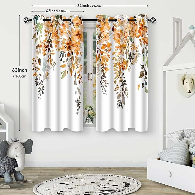 Orange Watercolor Floral Curtains, 42x63 inch, 2 Panels | Botanical Leaves Vine Flowers, Rustic Farmhouse Style, Blackout Window Treatment, For Bedroom Living Room