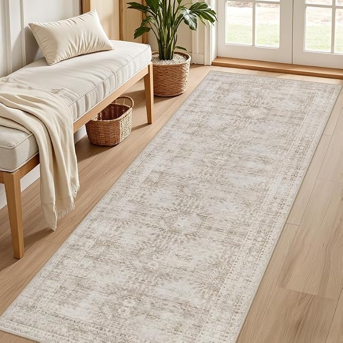 2'6''x8' Hallway Washable Runner Rug: Vintage Boho Neutral Kitchen Rug Soft Small Area Rug Indoor Floor Non-Slip Low Pile Carpet for Farmhouse Entryway Laundry Bathroom Bedroom Beside Rugs Brown