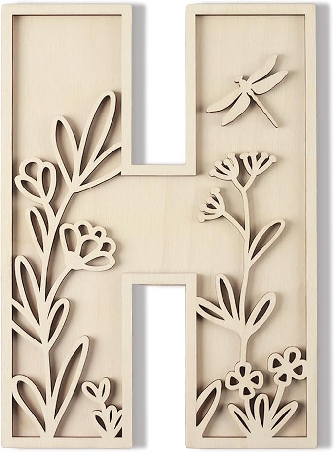 Layered 12 Inch Large Wooden Letters for Wall Decor, Flowered Paintable Wooden Nursery Letters for Crafts Wood Alphabet Letter H for Birthday Boho Nursery Name Sign Wedding Home Decoration