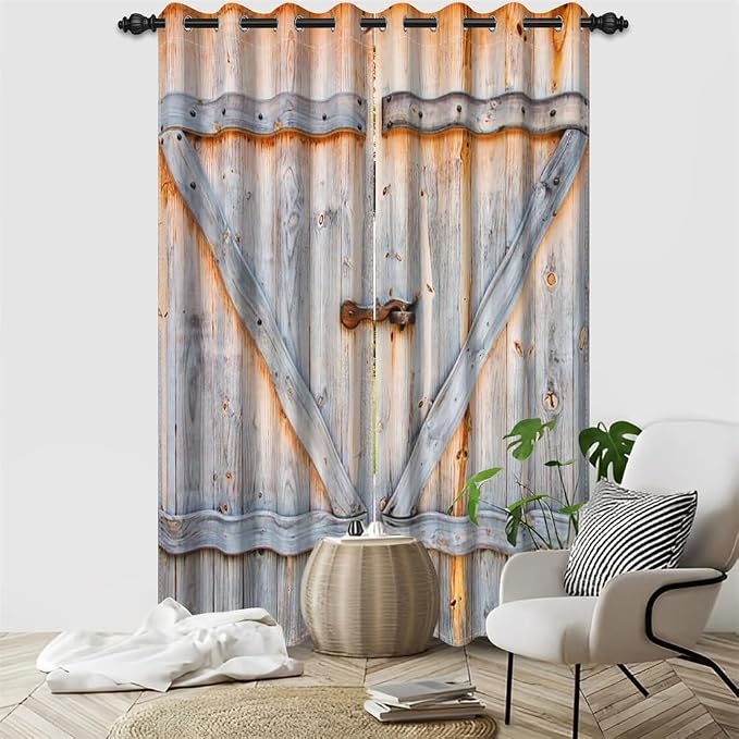 Closed Wooden Door Window Curtains Rustic Vintage Barn Door Kitchen Curtains Countryside Farmhouse Old Wood Planks Light Blocking Bedroom Drapery Treatments with Grommets,26x84 inch,2 Panels