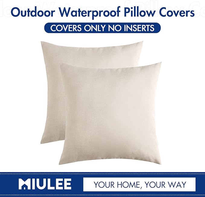 MIULEE Pack of 2 Decorative Outdoor Solid Waterproof Throw Pillow Covers Faux Linen Garden Farmhouse Cushion Cases for Patio Tent Balcony Couch Sofa 20x20 Inch Beige