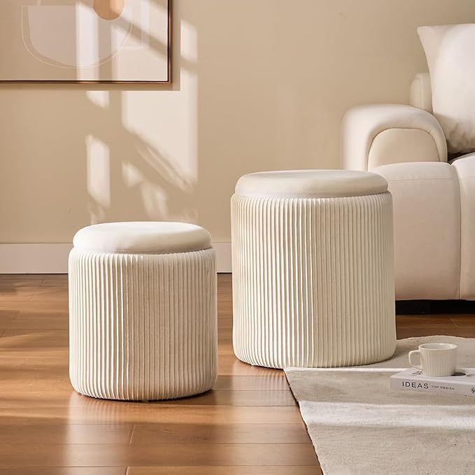 BLEXA Round Set of 2 Ottoman with Storage-Upholstered Velvet Vanity Stool for Makeup Multifunctional Ottomans Coffee Table Padded Seat Foot Rest for Living Room&Bedroom(White)