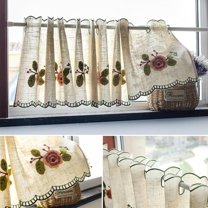 Cotton Linen Short Curtain Grommet Half Window Curtain Valance Light Filtering Tier Curtains for Kitchen Cafe Bedroom Curtains Closet(W 110 x L 60 cm (43" x 23"))