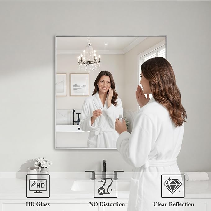 Koonmi Silver Rectangle Wall Mirror, 30x30 Inch Bathroom Mirror, Aluminum Frame Vanity Mirror for Entryway, Living Room, Bedroom Bathroom, Hangs Horizontally or Vertically