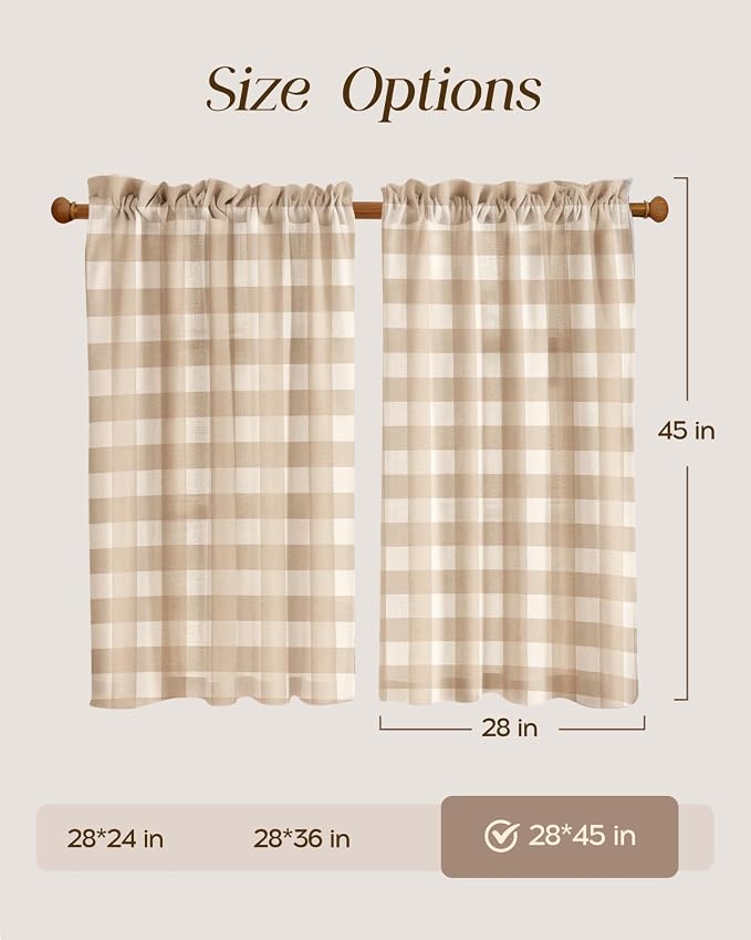 Miss Adola Farmhouse Kitchen Tier Curtains - 45 Inch Length Linen Blend Cafe Curtains Yellow Plaid Small Window Treatments Over Sink Rod Pocket for Bathroom Living Room Light Filtering, 2 Panels