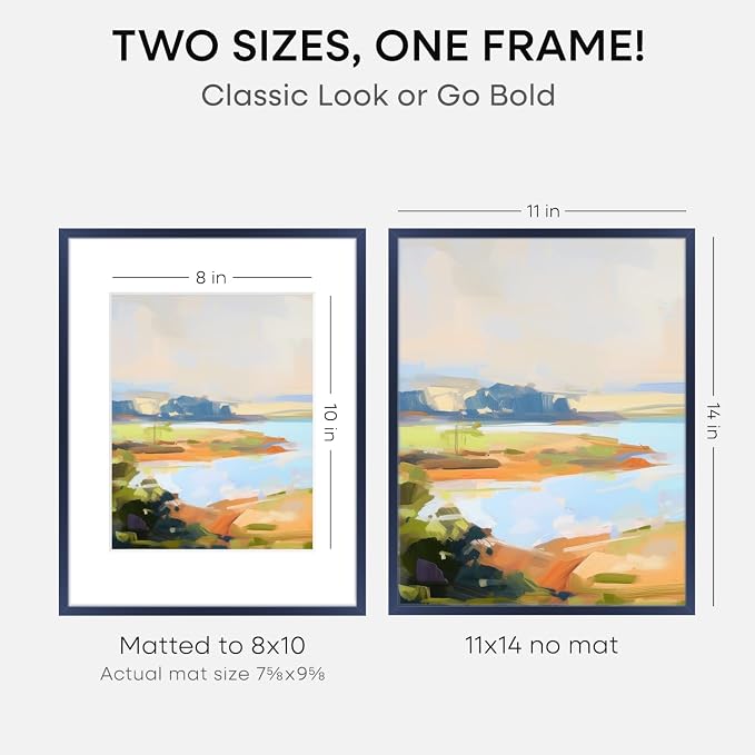 Homeforia 11x14 Picture Frame Navy Blue, High End Metal 11x14 Wall Hanging Frame with Mat 8x10, 11 x 14 Poster Frame Matted to 8 x 10 inch Photo, 11by14 Thin Frames, Tempered Glass, Wall Kit, Set of 2