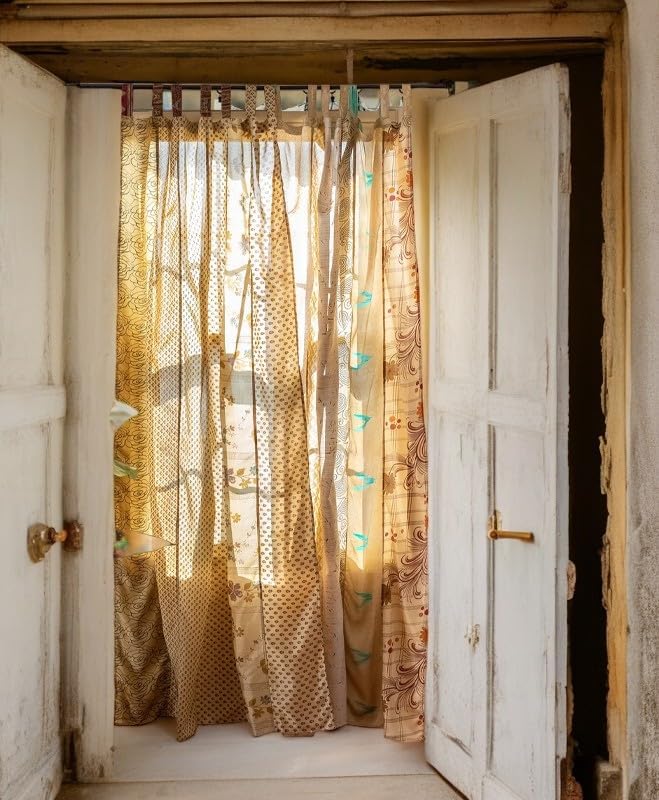 Assorted Hippie Colorful Curtains Light-Filtering – Boho Curtains, Bed Canopy Panel, Tapestry or Window Treatment Patchwork Beige Color (84 X 43 Inches)